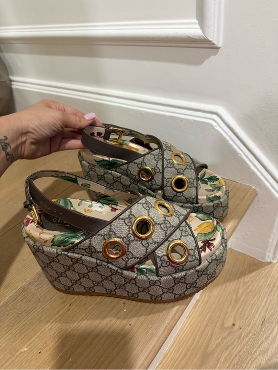 Gucci Shoes - Gucci Beige Monogram Platform Sandals with Gold Grommets